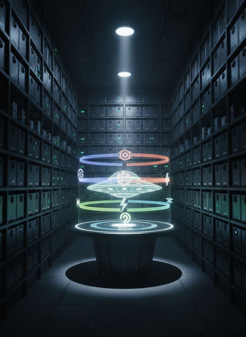 A dimly lit archive vault lined with tall, metal shelves holding sealed, unmarked cases and transparent data cubes. In the center, a holographic display table shows a rotating, highly detailed model of a classic flying saucer, overlaid with translucent bands separating “official reports,” “expert analysis,” “unexplained anomalies,” and “fiction,” each suggested through distinct abstract symbols and colors instead of text. Narrow beams of cool white light from the ceiling create sharp pools of illumination, leaving the corners in deep shadow. Cinematic, eye-level composition with shallow depth of field and a brooding, investigative sci-fi mood.