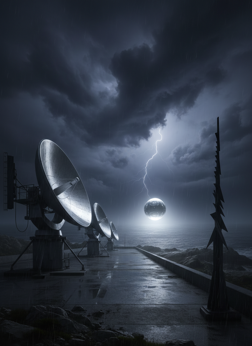 An isolated radar installation on a stormy coastline at night, with massive, rotating radar dishes and angular antennas rising against turbulent clouds. A single, luminous spherical UAP hovers far offshore, partially obscured by rain and mist, its surface smooth and glass-like, emitting a steady, neutral white glow. Lightning briefly illuminates the scene, highlighting the wet metallic textures and glistening puddles on the concrete platform. Cinematic, long-lens composition compresses the distance between the installation and the object, creating a tense yet restrained atmosphere focused on observation, not sensationalism, with moody, high-contrast lighting and detailed realism.