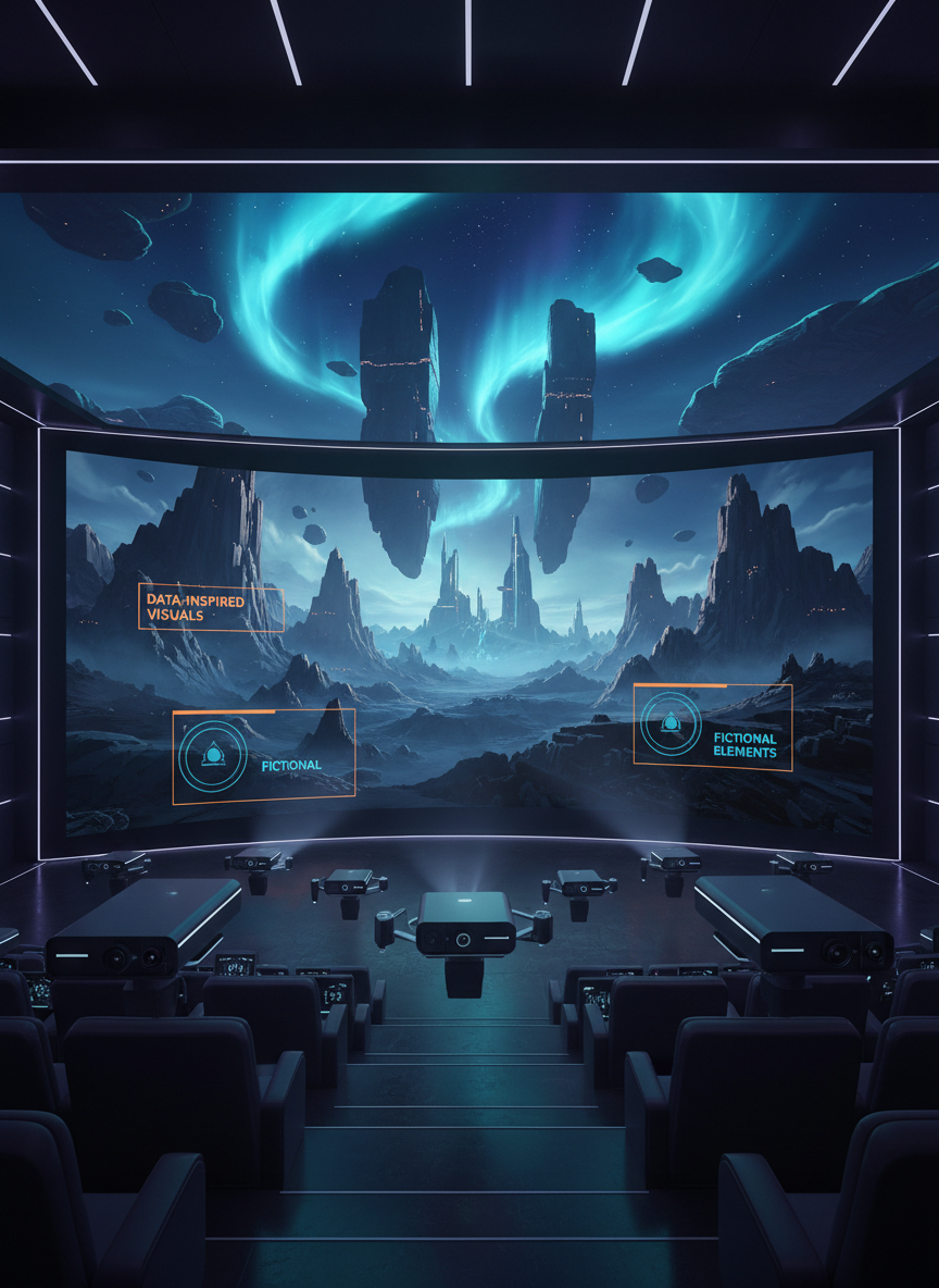 A futuristic cinema-like screening room with a massive curved screen showing a stylized reenactment of an alien landscape: jagged obsidian cliffs, floating monoliths, and distant luminous structures under a swirling aurora. In front of the screen, minimalist drone-mounted cameras and AI projection units hover, their lenses focused on the spectacle. Subtle on-screen overlays distinguish fictional elements from data-inspired visuals through different framing shapes and colors. Deep, atmospheric lighting in violet and teal hues bathes the room, with a wide, slightly low-angle cinematic shot capturing the contrast between serious analysis technology and imaginative alien entertainment.