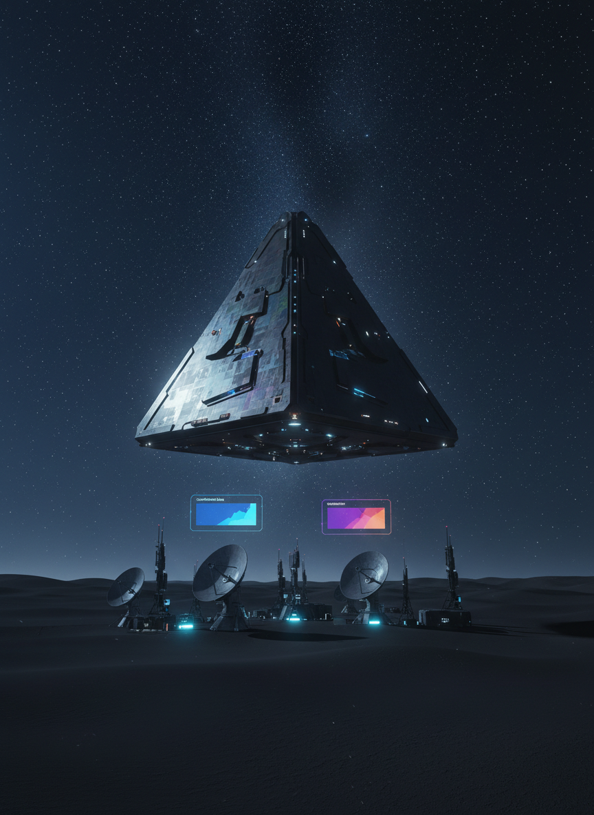 A vast, midnight-blue desert landscape under a star-filled sky, dominated by a single, enormous metallic triangular craft hovering silently above the horizon. The craft’s surface is matte black with subtle iridescent panels that catch faint starlight, broken by a few soft, white navigation lights. On the ground, a cluster of minimal, futuristic sensor towers and satellite dishes glows with cool, calibrated LEDs, clearly marked areas for “confirmed data” and “speculation” shown as distinct color-coded holographic panels without text. Cinematic, low-angle wide shot with dramatic rim lighting, photorealistic detail, and a somber, investigative mood.