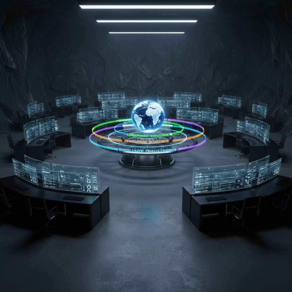 A high-tech subterranean command center carved into dark rock, filled with sleek, unmanned workstations and floating holographic displays. One central circular table projects a 3D Earth model surrounded by layered rings of data: clean geometric icons representing confirmed sightings, developing cases, analytical overlays, and speculative trajectories, each in its own distinct color band. Soft, cold overhead lighting contrasts with the glow of the displays, casting sharp, cinematic shadows on the concrete floor. Shot from a slightly elevated, wide cinematic angle, emphasizing depth, complexity, and an organized, credible approach to UFO news in a dark, sci-fi aesthetic.