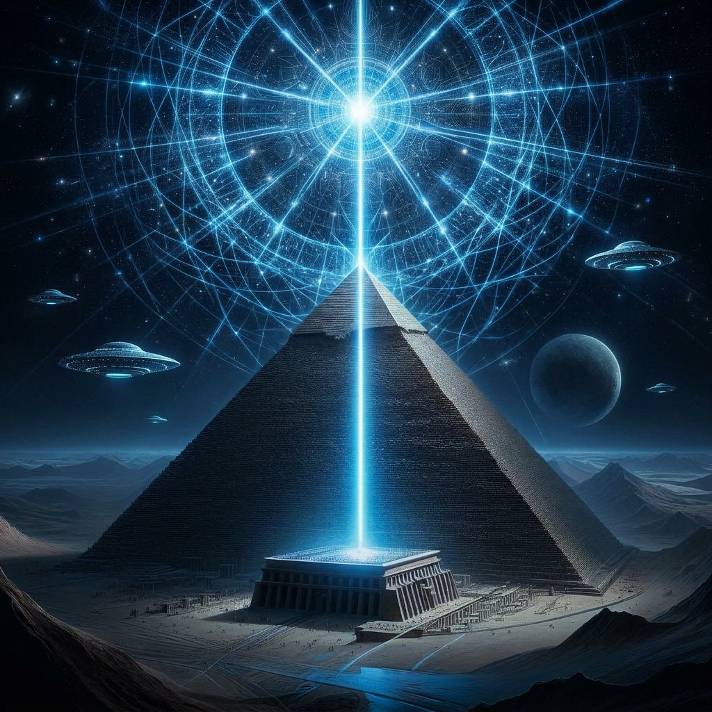 Egyptian puramid emits a blinding silver light out of the top of the pyramid. The silver beam shoots