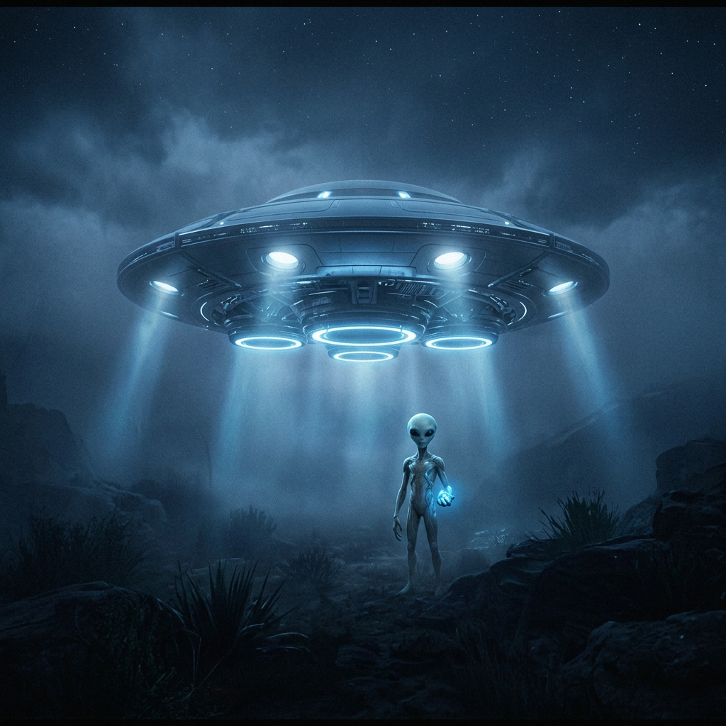 Mysterious Encounter Beneath Alien Craft Alien figure facing a glowing UFO in a misty rocky landscape