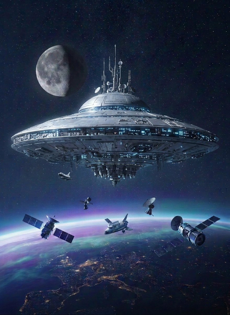 UFO news A vast, midnight-blue desert landscape under a star-filled sky, dominated by a single, enormous metallic triangular craft hovering silently above the horizon. The craft’s surface is matte black with subtle iridescent panels that catch faint starlight, broken by a few soft, white navigation lights. On the ground, a cluster of minimal, futuristic sensor towers and satellite dishes glows with cool, calibrated LEDs, clearly marked areas for “confirmed data” and “speculation” shown as distinct color-coded holographic panels without text. Cinematic, low-angle wide shot with dramatic rim lighting, photorealistic detail, and a somber, investigative mood.