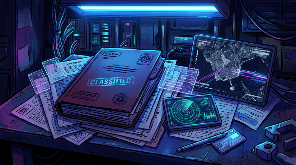 Classified file beside surveillance monitors and a glowing radar device