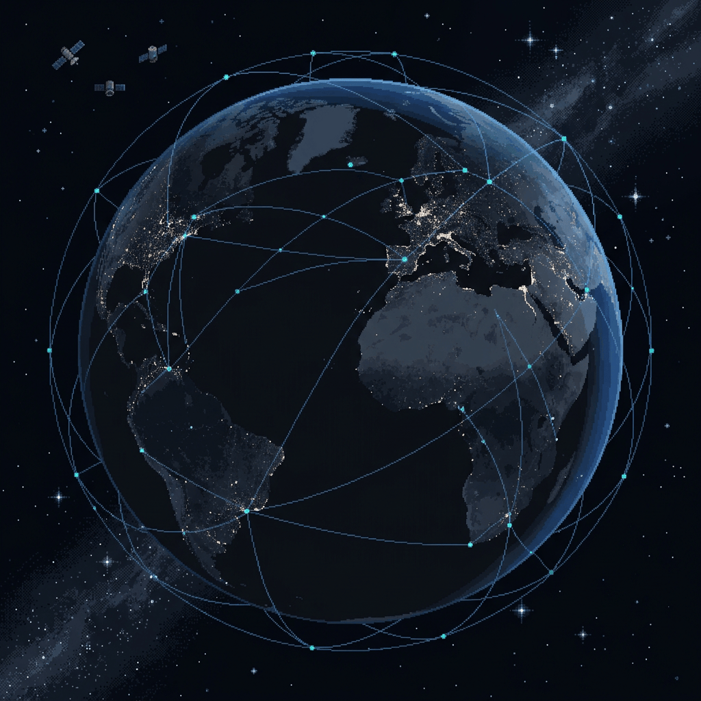 Earth at night surrounded by glowing global network connection lines