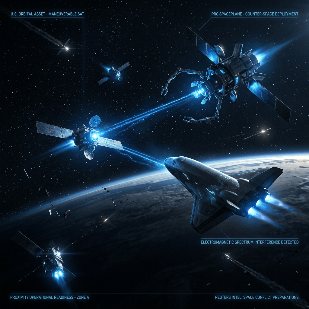 U.S. ORBITAL ASSET - MANEUVERABLE SAT; PRC SPACEPLANE - COUNTER-SPACE DEPLOYMENT; ELECTROMAGNETIC SPECTRUM INTERFERENCE DETECTED; PROXIMITY OPERATIONAL READINESS - ZONE A; REUTERS INTEL: SPACE CONFLICT PREPARATIONS