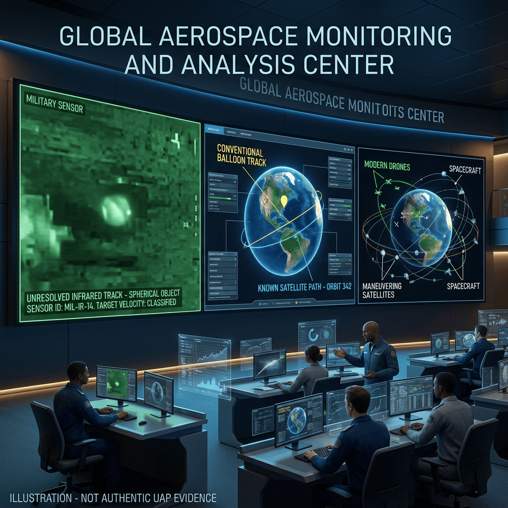 Aerospace monitoring center with analysts and screens tracking satellites, drones, and an infrared object