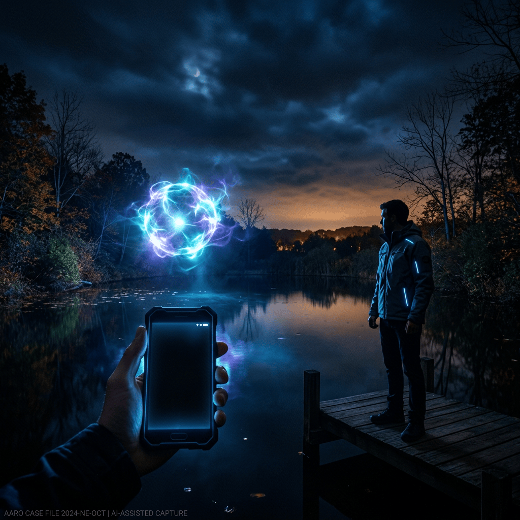 Glowing energy sphere over lake, observer with phone; AARO CASE FILE 2024-NE-OCT | AI-ASSISTED CAPTURE