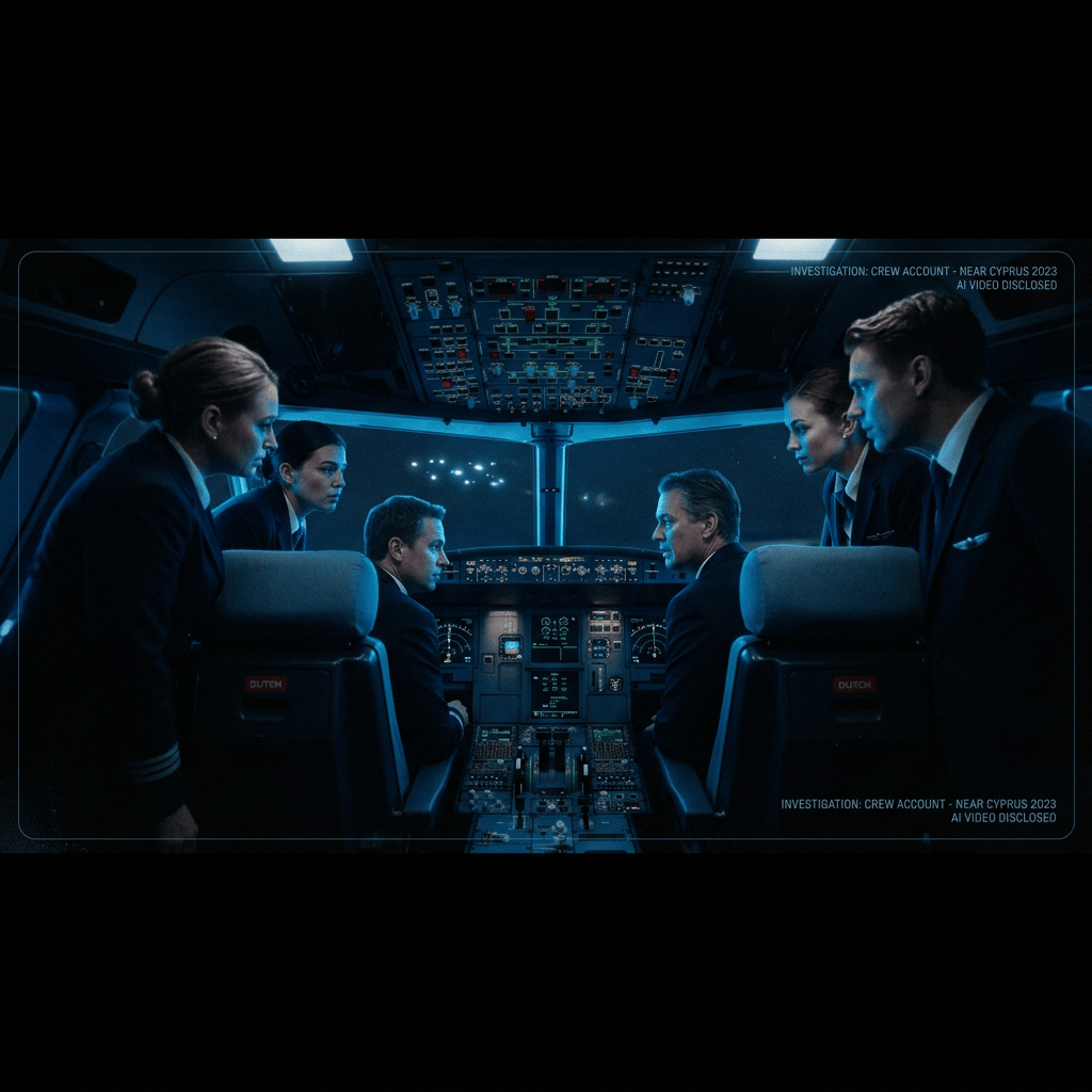 Six uniformed crew members in an aircraft cockpit; text reads “INVESTIGATION: CREW ACCOUNT - NEAR CYPRUS 2023 AI VIDEO DISCLOSED.”