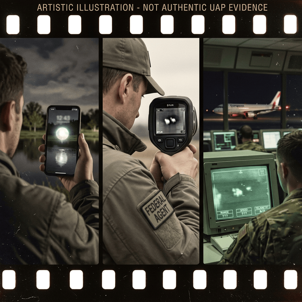 ARTISTIC ILLUSTRATION - NOT AUTHENTIC UAP EVIDENCE; Federal Agent uses FLIR beside aircraft radar screens