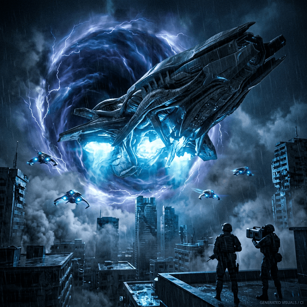 Soldiers watch alien spacecraft over a stormy city skyline