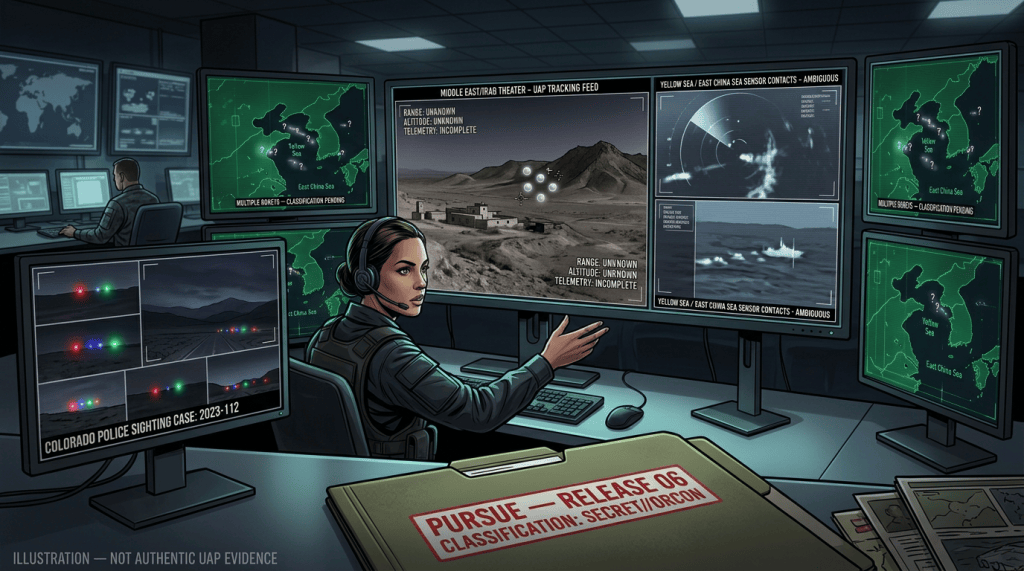 Illustration of analysts monitoring ambiguous UAP sightings; not authentic UAP evidence